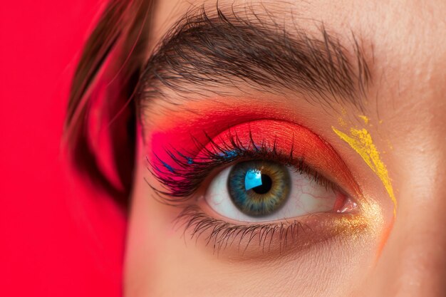 Una vista de cerca del ojo de una mujer con maquillaje brillante para el festival indio Holi