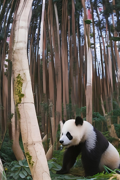 Una vista de cerca de un oso panda en su hábitat natural rodeado por un frondoso bosque de árboles