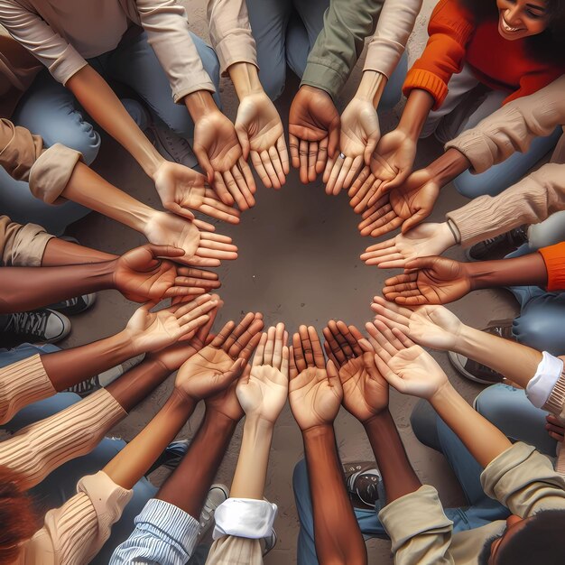 Foto vista de cerca de palmas en las manos de un grupo feliz de personas multinacionales africanas, latinoamericanas y europeas que se quedan juntas en un círculo