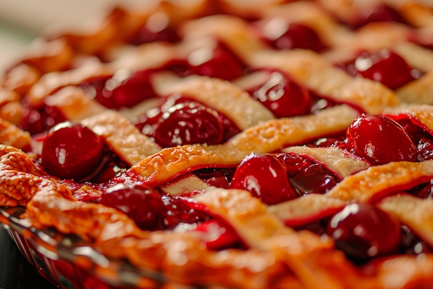 Foto vista de cerca de un pastel de cerezas recién horneado y delicioso