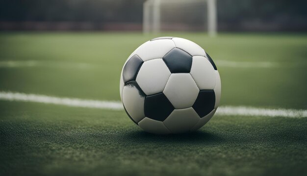 Vista de cerca de la pelota de fútbol en el césped verde con fondo de niebla de tonos oscuros