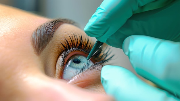 Una vista de cerca de una persona que recibe un tatuaje permanente en su ojo en un salón de belleza con extensiones de pestañas y maquillaje visibles