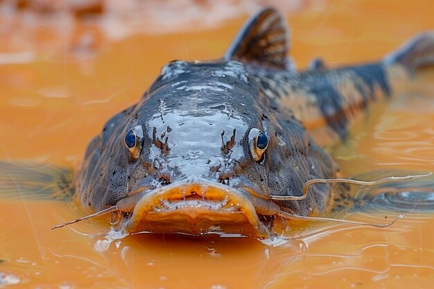 Foto vista de cerca de un pez mudskipper en el manglar húmedo con detalles de colores vívidos