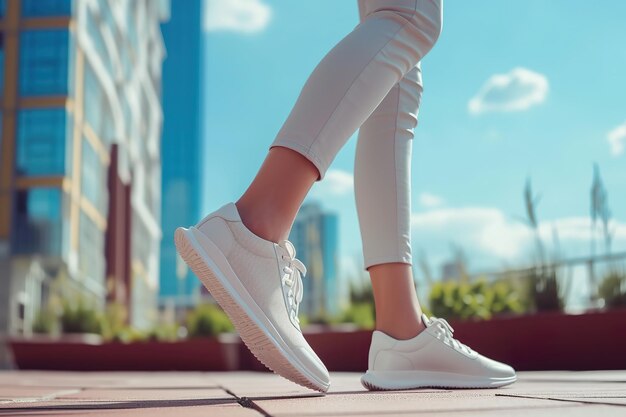 Vista de cerca de los pies de una mujer con zapatillas blancas