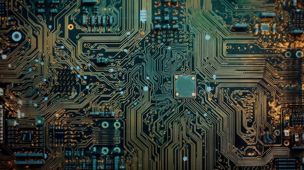 Una vista de cerca de una placa de circuito de computadora con componentes electrónicos Generativo ai