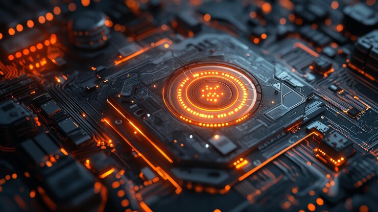 Una vista de cerca de una placa de circuito con elementos naranjas brillantes que muestran el diseño tecnológico