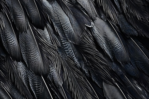 Foto vista de cerca de plumas negras de un pájaro textura y fondo