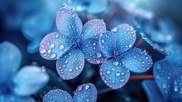 Vista de cerca de las refrescantes gotas de rocío que adornan los delicados pétalos de las flores de la hortensia azul en suave