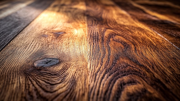Vista de cerca de ricas tablas de madera de color marrón oscuro con grano de madera y nudos visibles