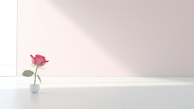 Vista De Cerca De Una Rosa Roja En Una Habitación Blanca Minimalista