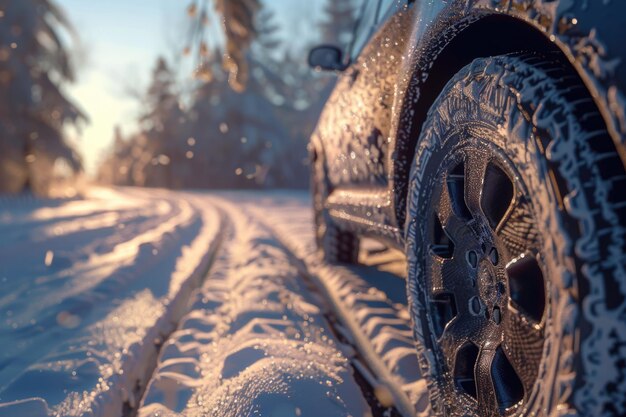 Foto vista de cerca de las ruedas de los coches en la carretera nevada en el parque natural