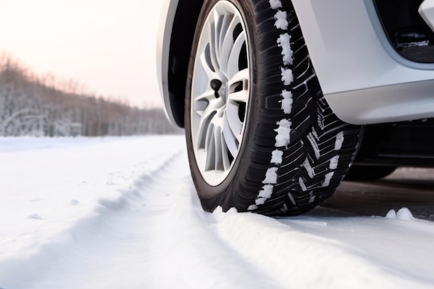Vista de cerca de las ruedas de los coches en la carretera nevada en el parque natural