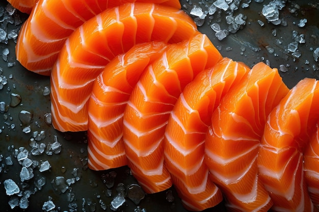 Vista de cerca del sashimi de salmón recién cortado preparado para la cocina tradicional japonesa