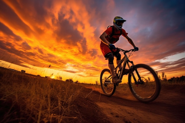 Una vista de cerca de la silueta de un hombre en una bicicleta saltando en la puesta de sol dorada IA generativa