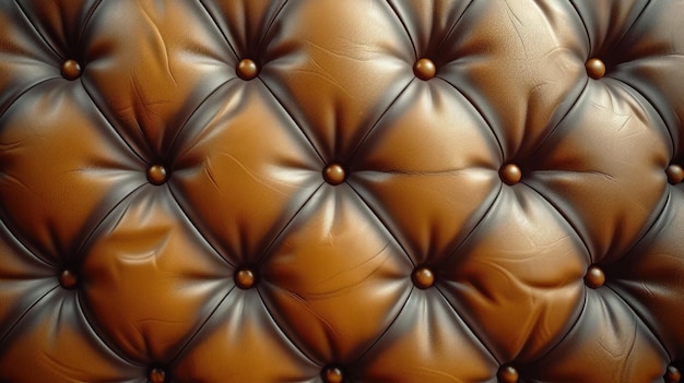 Vista de cerca de un sofá de textura de cuero marrón con detalles de botones en el fondo