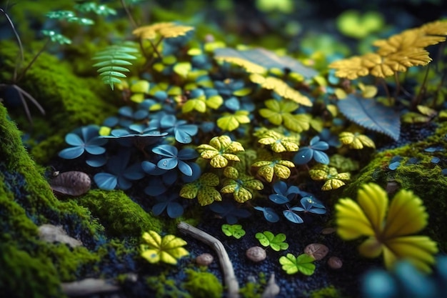 Una vista de cerca de un suelo de bosque verde y exuberante cubierto de hojas y maleza