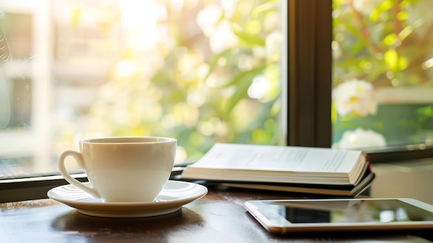 Vista de cerca de la taza de café blanca en el mostrador de madera y el cuaderno de teléfono inteligente colocado en la excavación AI generativa