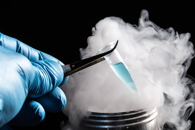 Una vista de cerca de un técnico de laboratorio que sostiene un tubo de ensayo que contiene líquido azul sobre nitrógeno para preservar y congelar La condensación fría se eleva desde el cubo de nitrógeno durante el experimento