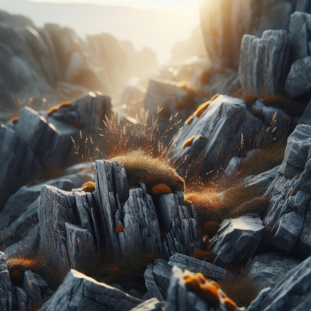 Una vista de cerca del terreno rocoso iluminado por el suave resplandor de la luz solar