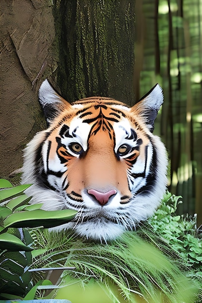 Una vista de cerca de un tigre bengol real en su hábitat natural rodeado por un bosque exuberante