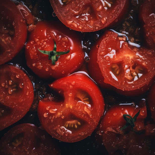 una vista de cerca de tomates con agua sobre ellos