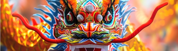 Vista de cerca de los trajes de danza del dragón patrones detallados durante el Año Nuevo Chino Colores brillantes