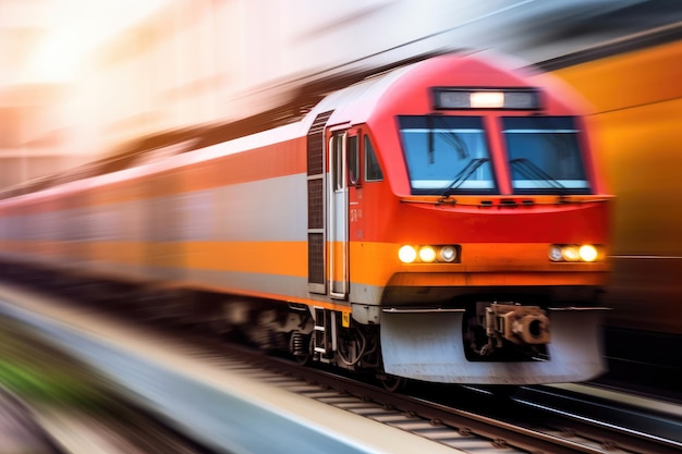 Foto vista de cerca de un tren de carga con desenfoque de movimiento que simboliza el transporte rápido y eficiente de mercancías ia generativa