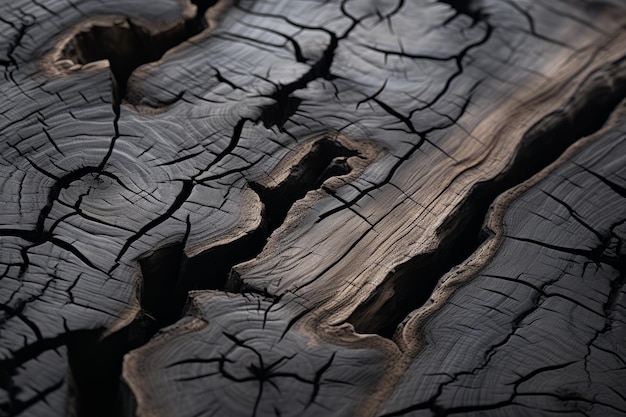 una vista de cerca de un trozo de madera con grietas