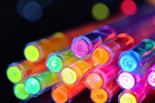 Vista de cerca de una variedad de bolígrafos resaltadores multicolores ideales para estudiar o organizar el papeleo Una variedad de resaltadores para estudiar