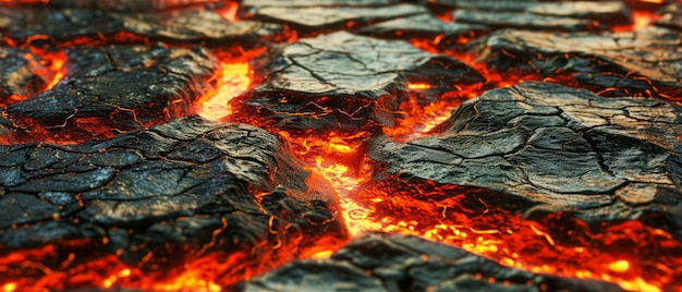 Vista de cerca del vibrante flujo de lava derretida que muestra las texturas dinámicas y el calor intenso