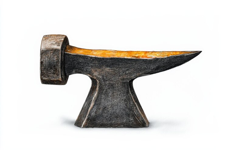 Una vista de cerca de un yunque de herrero tradicional que muestra su diseño robusto y texturas envejecidas perfectas para temas de artesanía