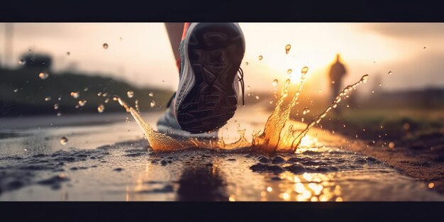 Foto vista de cerca de los zapatos deportivos de corredor sprint corriendo en la pista