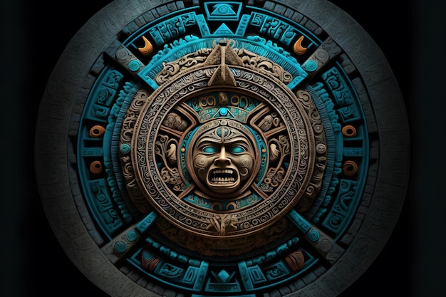 Vista cercana del antiguo calendario maya azteca con patrón redondo y relieve en la superficie de piedra Arte generado por redes neuronales