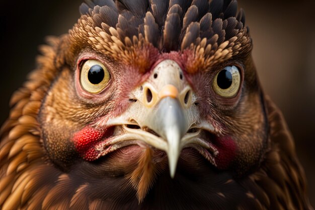 una vista cercana de la cara de un pollo marrón