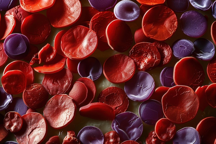 Foto vista cercana colorida de glóbulos rojos que muestran varias formas y tamaños que destacan sus texturas y colores únicos bajo gran magnificación en un contexto científico
