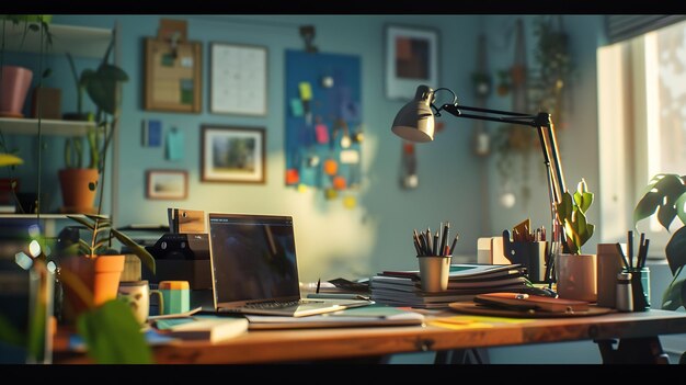 Vista cercana del espacio de trabajo en la habitación de la oficina en el hogar con suministros de espacio de copia y decoración AI generativa