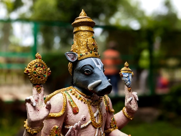 vista cercana del ídolo avatar de Lord Varaha aislado en el jardín de rocas naturales en Tirumala: Tirumala, Andhra Pradesh, India-julio 10.2021