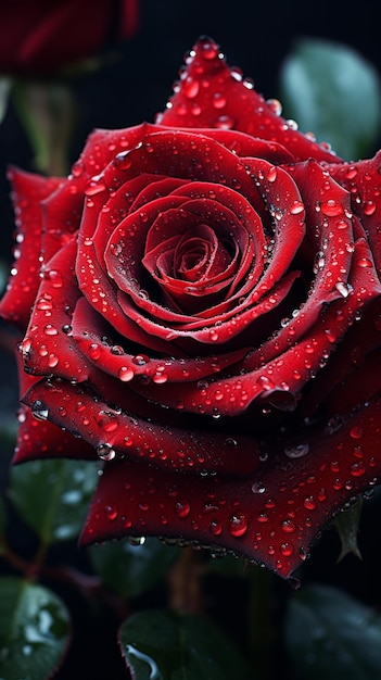 vista cercana o macro de las gotas de agua en una fotografía de naturaleza de rosa roja