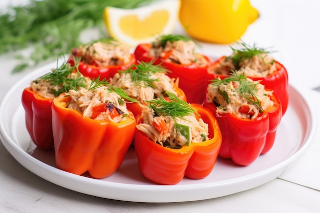 Vista cercana de pimientos rellenos con atún en un plato blanco