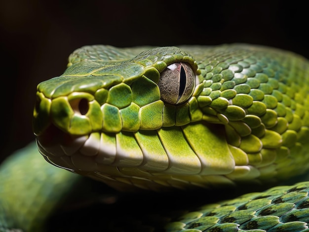 Vista cercana de serpiente víbora verde