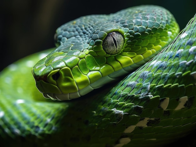 Vista cercana de serpiente víbora verde