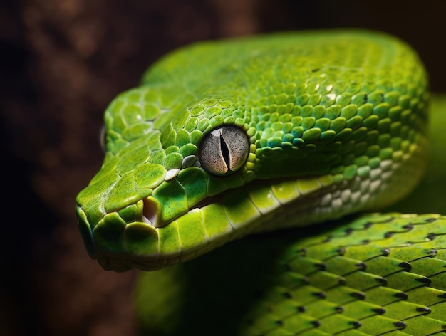 Vista cercana de serpiente víbora verde