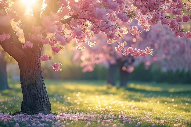 Vista del cerezo en flor en el paisaje