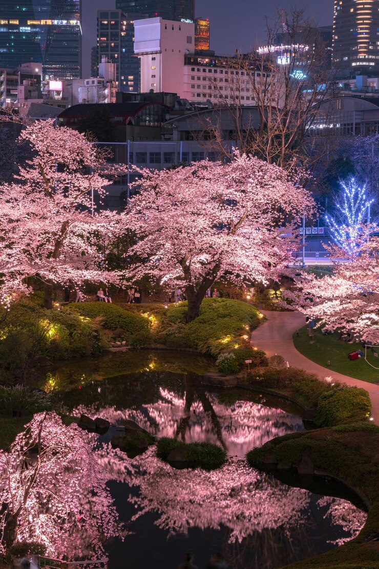 Vista de los cerezos en flor en el Jardín Mori Tokio JAPÓN