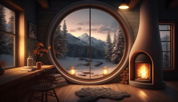 una vista de una chimenea en una habitación con una ventana y una silla generativa ai