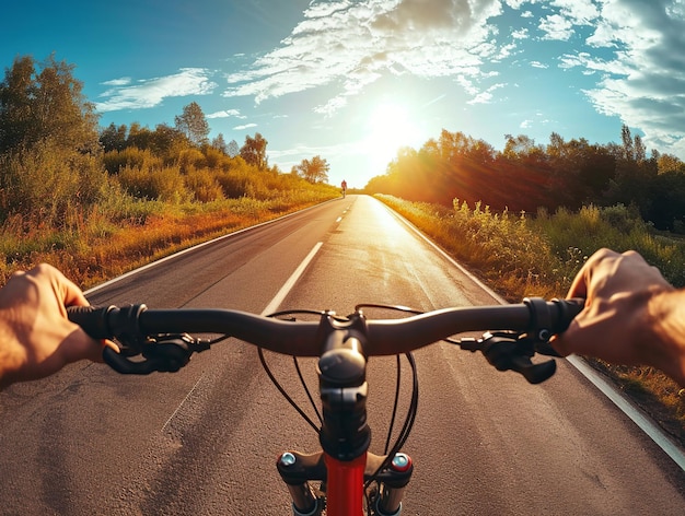 Vista de un ciclista montando una bicicleta en la ruta al atardecer