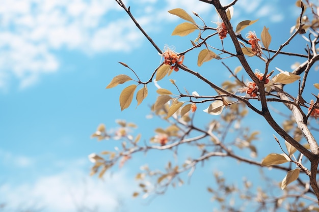 Vista de un cielo azul nublado con hojas y ramas de árboles en verano