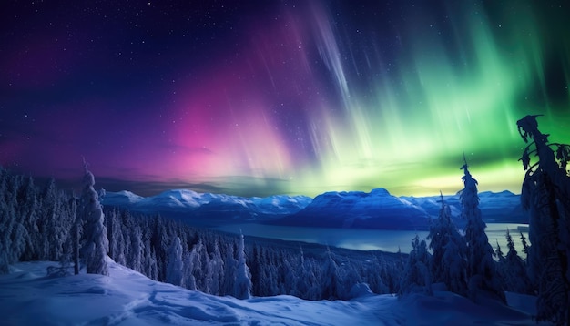 Vista del cielo nocturno con la aurora boreal y el fondo del pico de la montaña La noche brilla en una aurora vibrante