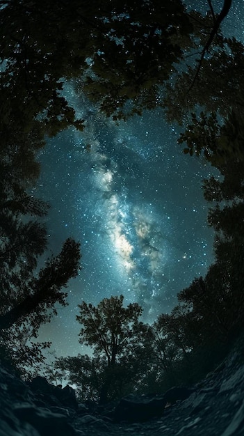 una vista del cielo nocturno a través de los árboles