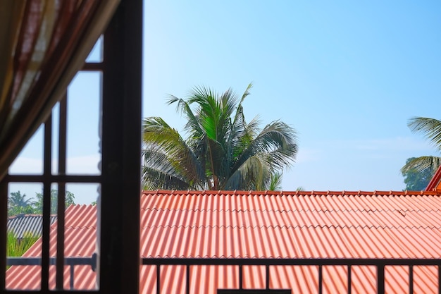 Una vista del cielo desde una ventana de una casa en un país tropical